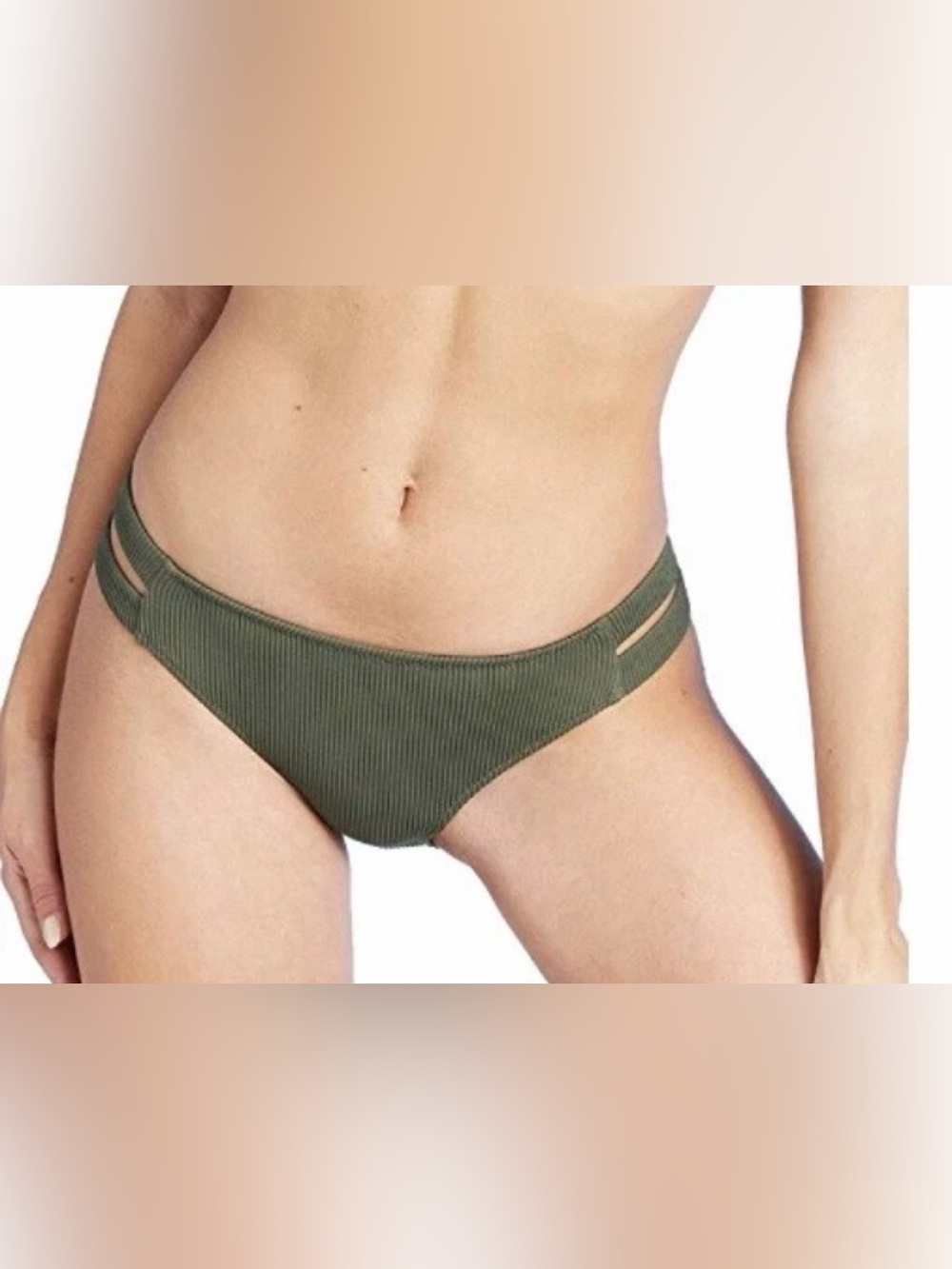 NEW Shade & Shore Ribbed Strappy Low Coverage Cheeky Bikini Bottom Olive Green L